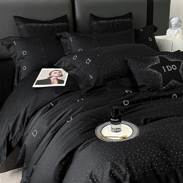 Star Rhinestone Black Red Egyptian Cotton Luxury Silky Duvet Cover Bedding Set